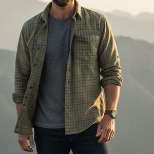 Plaid Flannel Shirt Woolrich Olive Green Cotton Button Down Size M